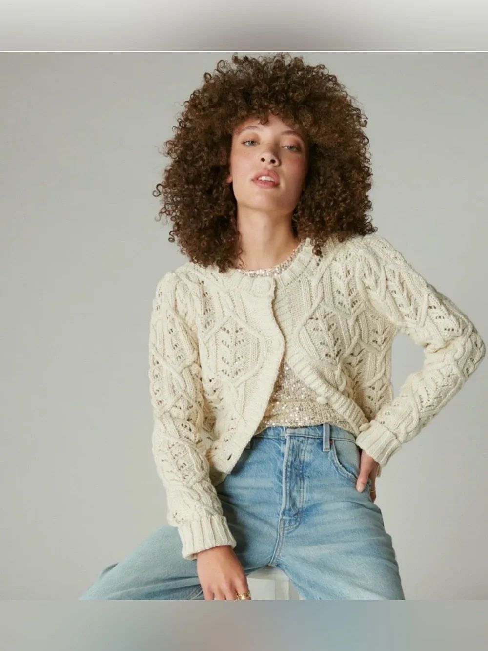 Lucky Brand NEW Size L Puff Sleeve Shine Cardigan Color Whisper White MSRP $99